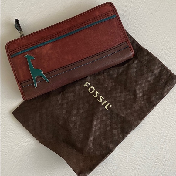 Fossil Brown Leather Wallet Teal Giraffe Detail Bohemian w Fossil Dust Bag - Picture 15 of 15